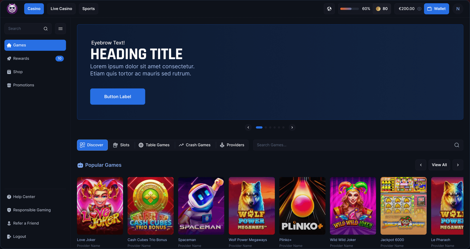 The Casino Flix player lobby, with a promotional banner and a popular games carousel
